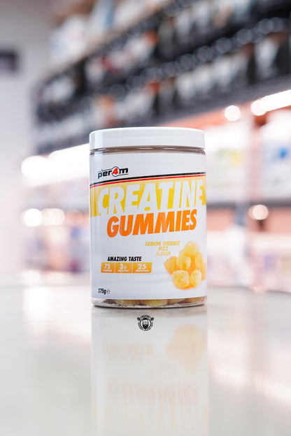 Per4m Creatine Gummies 375g Lemon Sherbet Fizz flavour tub containing 75 gummies, with 3g creatine per serving and 25 servings.