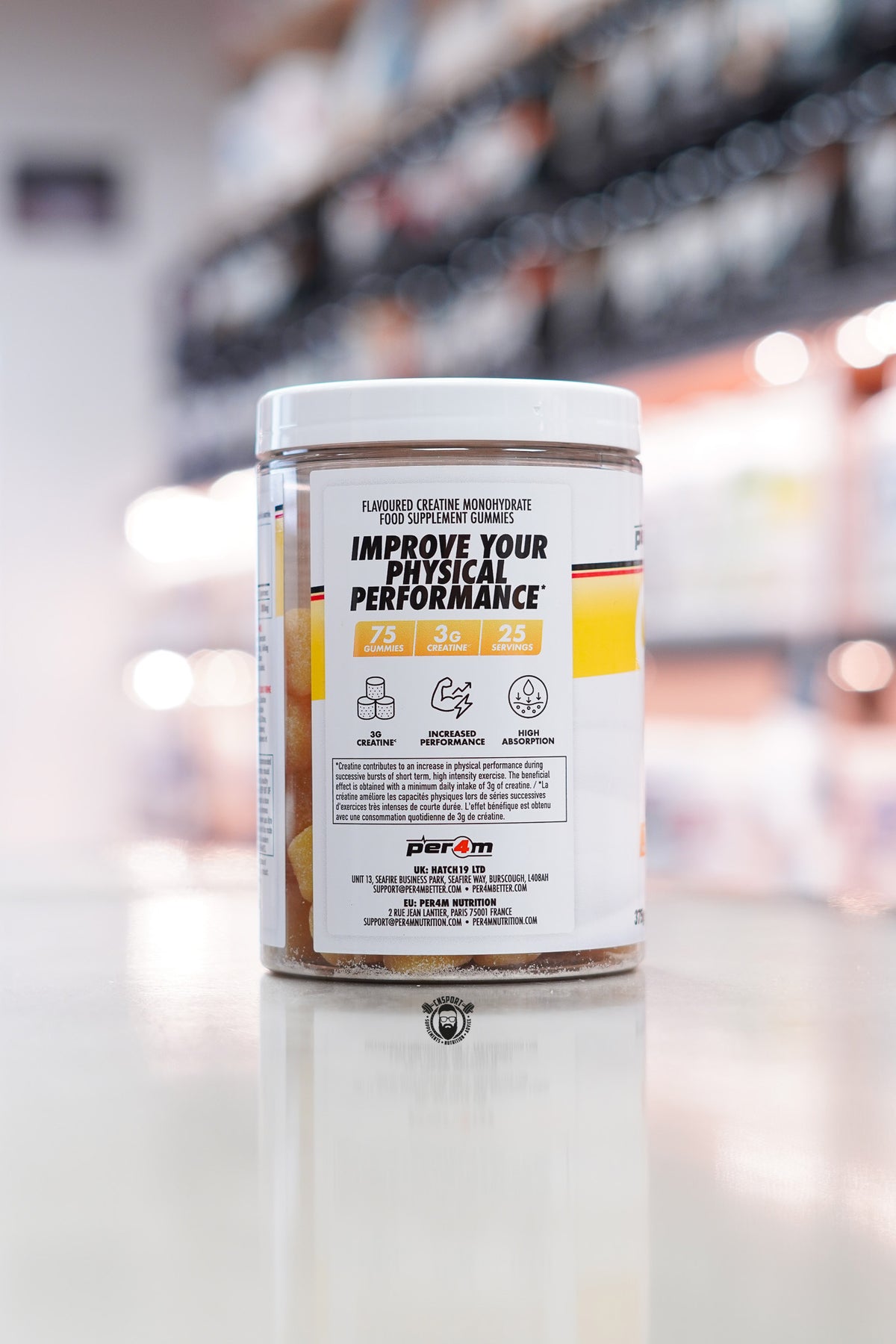 Per4m Creatine Gummies Lemon Sherbet Fizz flavour side label showing 75 gummies, 3g creatine per serving and 25 servings.