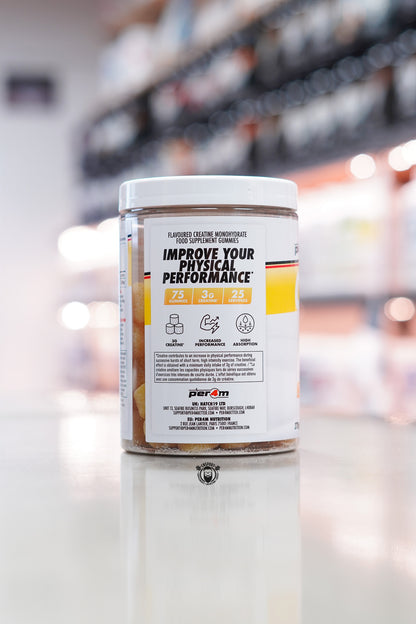 Per4m Creatine Gummies Lemon Sherbet Fizz flavour side label showing 75 gummies, 3g creatine per serving and 25 servings.