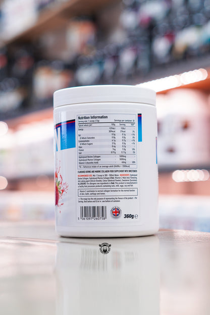 Nutrition information panel on Per4m Berry Blast Flavoured Creatine, showing serving size, ingredients, directions for use and supplement information.