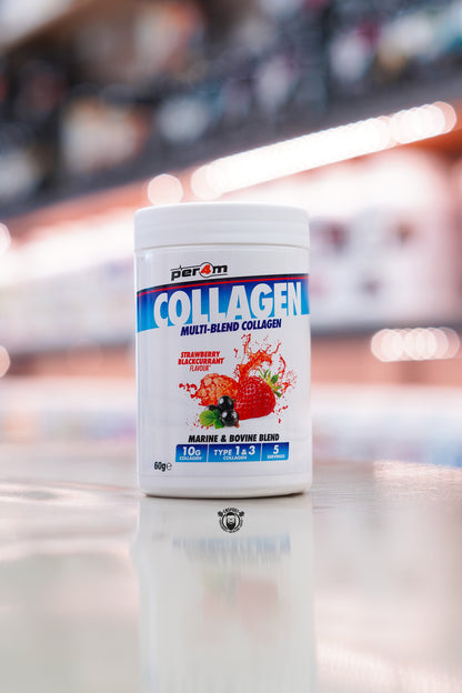 Per4m Multi-Blend Collagen in Strawberry & Blackcurrant flavour, delivering 10g of Type I & III collagen from marine and bovine sources per serving with added vitamin C in a convenient 5-serving tub.