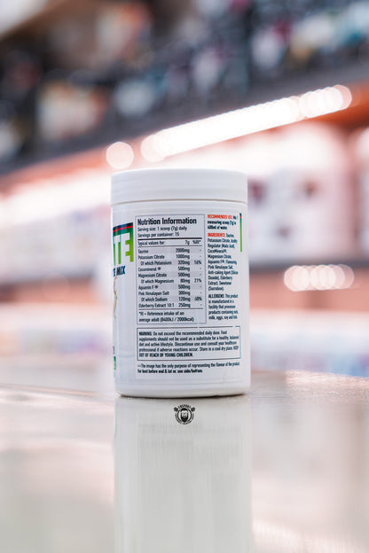 Nutrition information panel on Per4m Hydrate Citrus Burst Advanced Electrolyte Mix, showing serving size, electrolyte blend, taurine, CocoMineral®, ingredients and nutritional values.