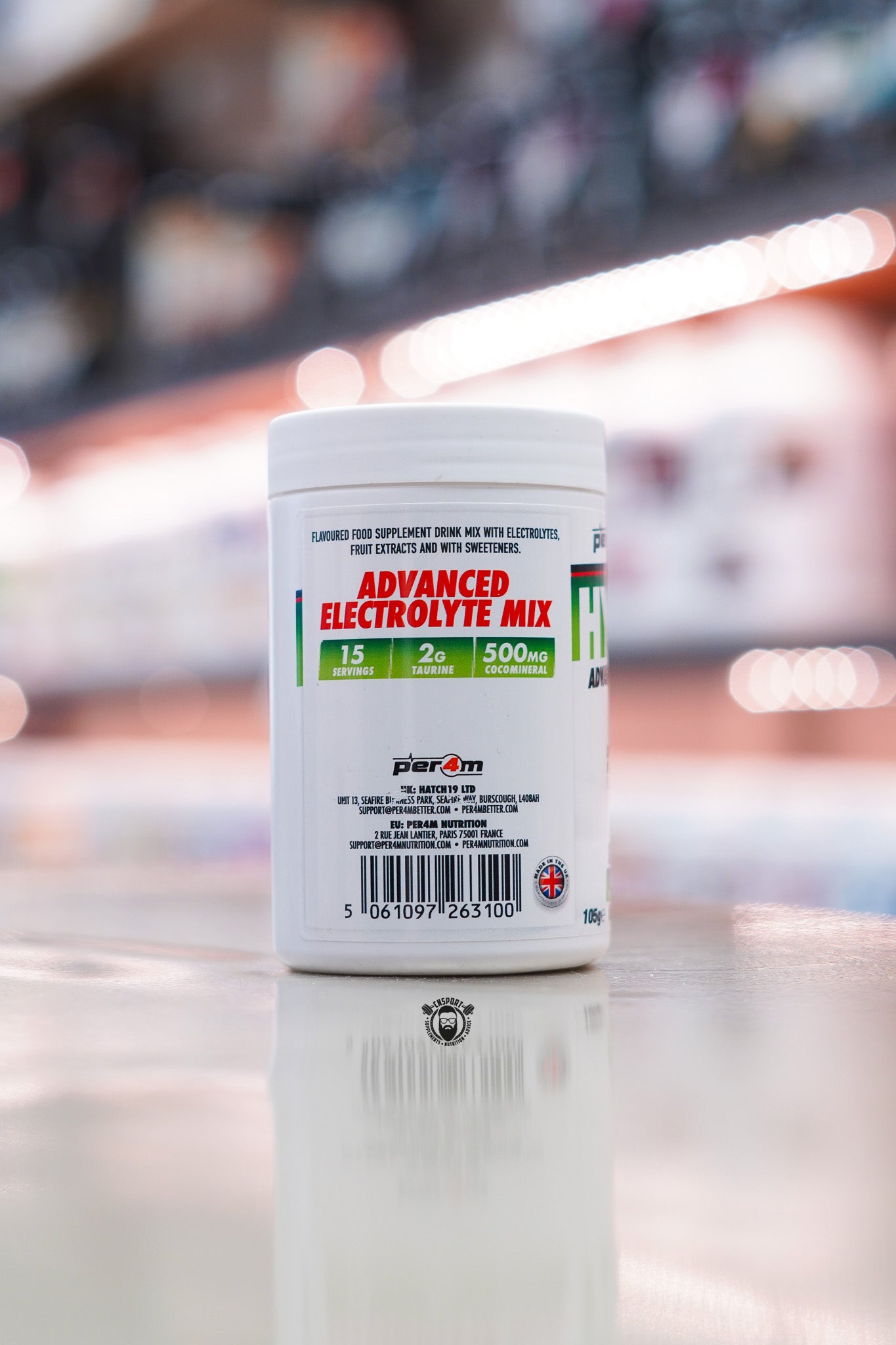 Side panel of Per4m Hydrate Citrus Burst Advanced Electrolyte Mix highlighting 15 servings, 2g taurine, 500mg CocoMineral® and advanced electrolyte blend information.