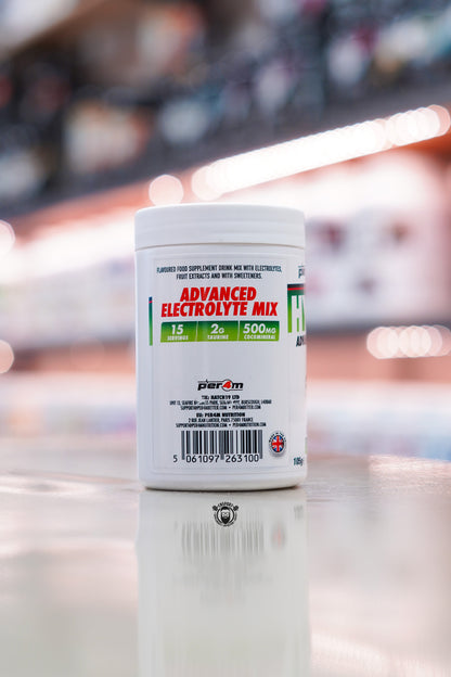 Side panel of Per4m Hydrate Citrus Burst Advanced Electrolyte Mix highlighting 15 servings, 2g taurine, 500mg CocoMineral® and advanced electrolyte blend information.