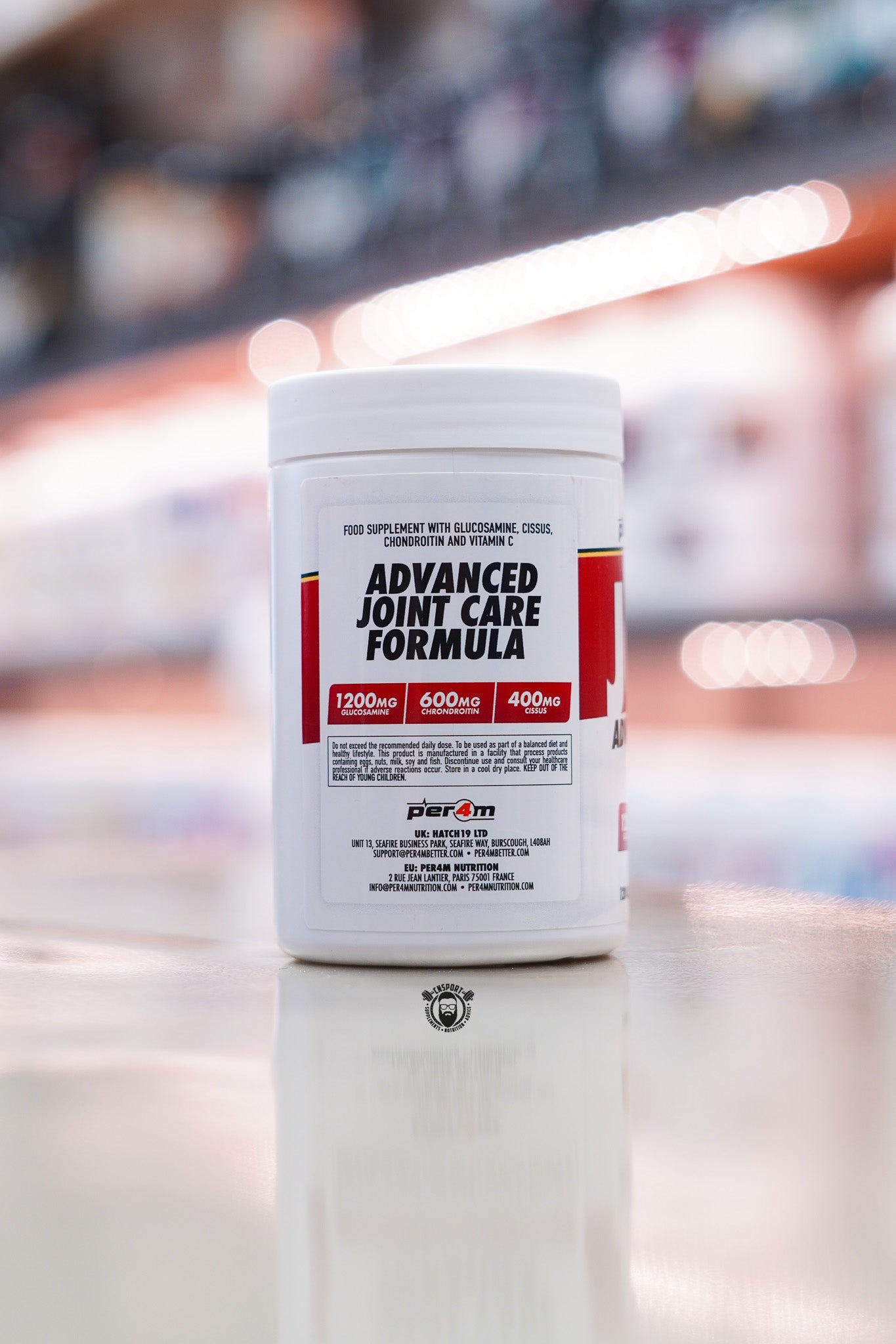 Side label of Per4m Advanced Joint Care Formula highlighting key ingredients including glucosamine, chondroitin, cissus and vitamin C.