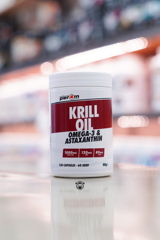 Per4m Krill Oil Omega-3 & Astaxanthin providing 1000mg Antarctic krill oil, 120mg EPA, 80mg DHA and 60 servings per tub.