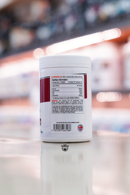 Per4m Krill Oil Omega-3 & Astaxanthin nutritional information panel showing krill oil content, phospholipids, EPA, DHA, astaxanthin, ingredients and recommended serving information.
