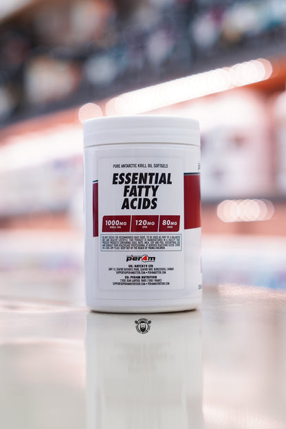 Side label of Per4m Krill Oil Omega-3 & Astaxanthin highlighting key ingredients, dosage information and manufacturer details.