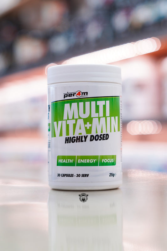 Per4m Multi Vita+Min Highly Dosed Multivitamin with 30 capsules, providing a comprehensive blend of vitamins and minerals to support health, energy and focus.