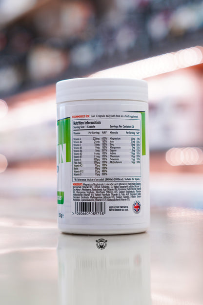 Per4m Multi Vita+Min supplement facts panel showing nutritional information, vitamin and mineral content, recommended daily serving and ingredient list.