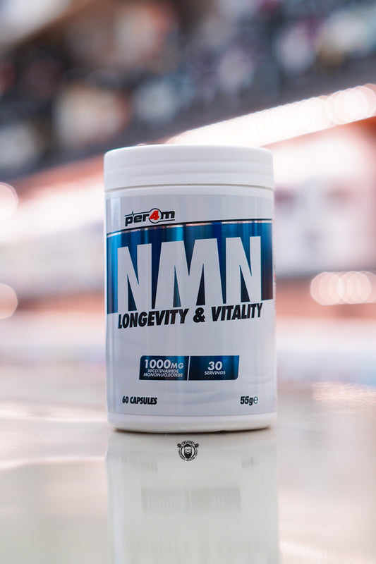 Per4m NMN Longevity & Vitality supplement providing 1,000mg Nicotinamide Mononucleotide (NMN) per serving with 60 capsules and 30 servings.