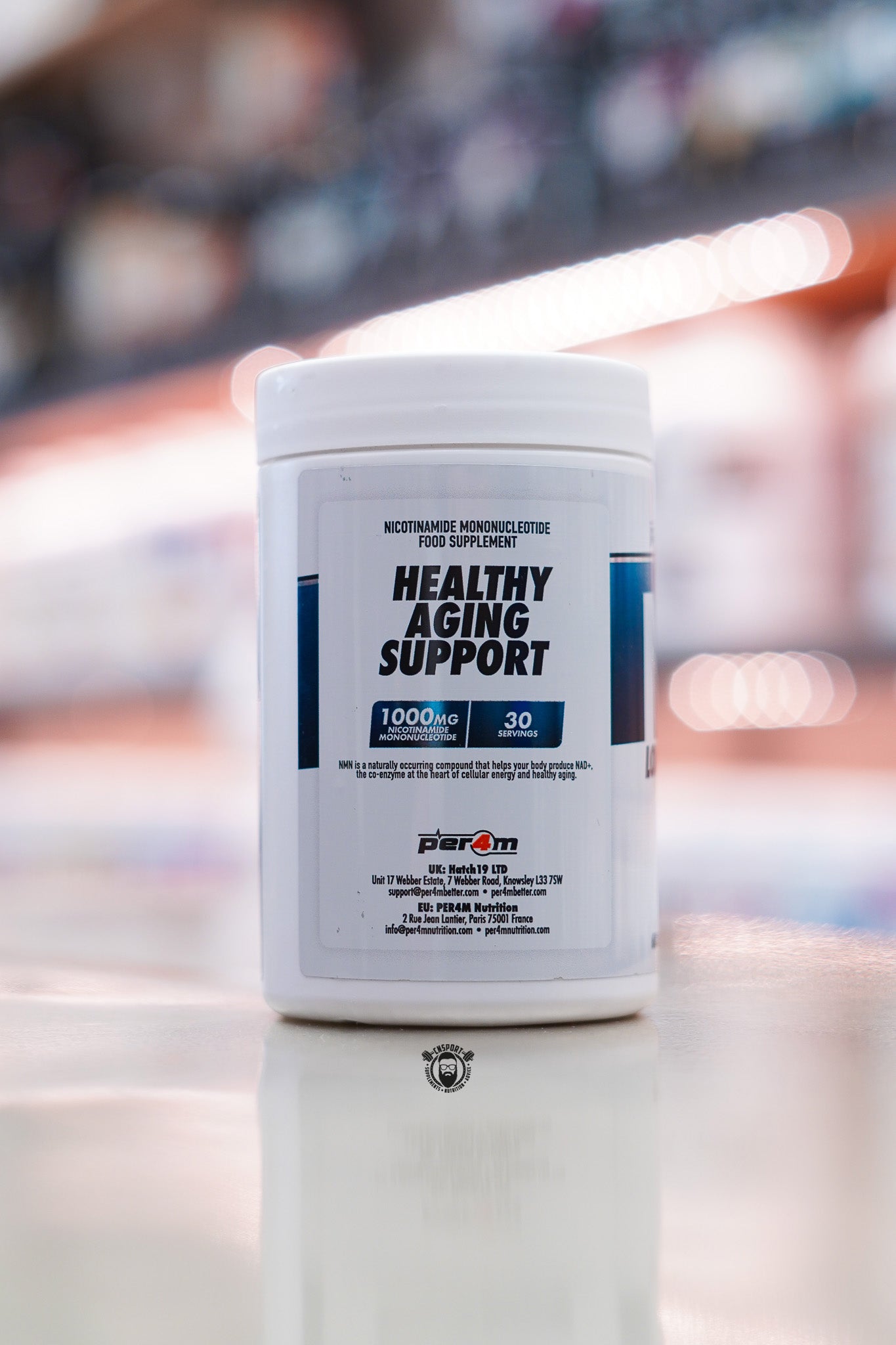 Side view of Per4m NMN Healthy Aging Support highlighting 1,000mg Nicotinamide Mononucleotide (NMN) and 30 servings.