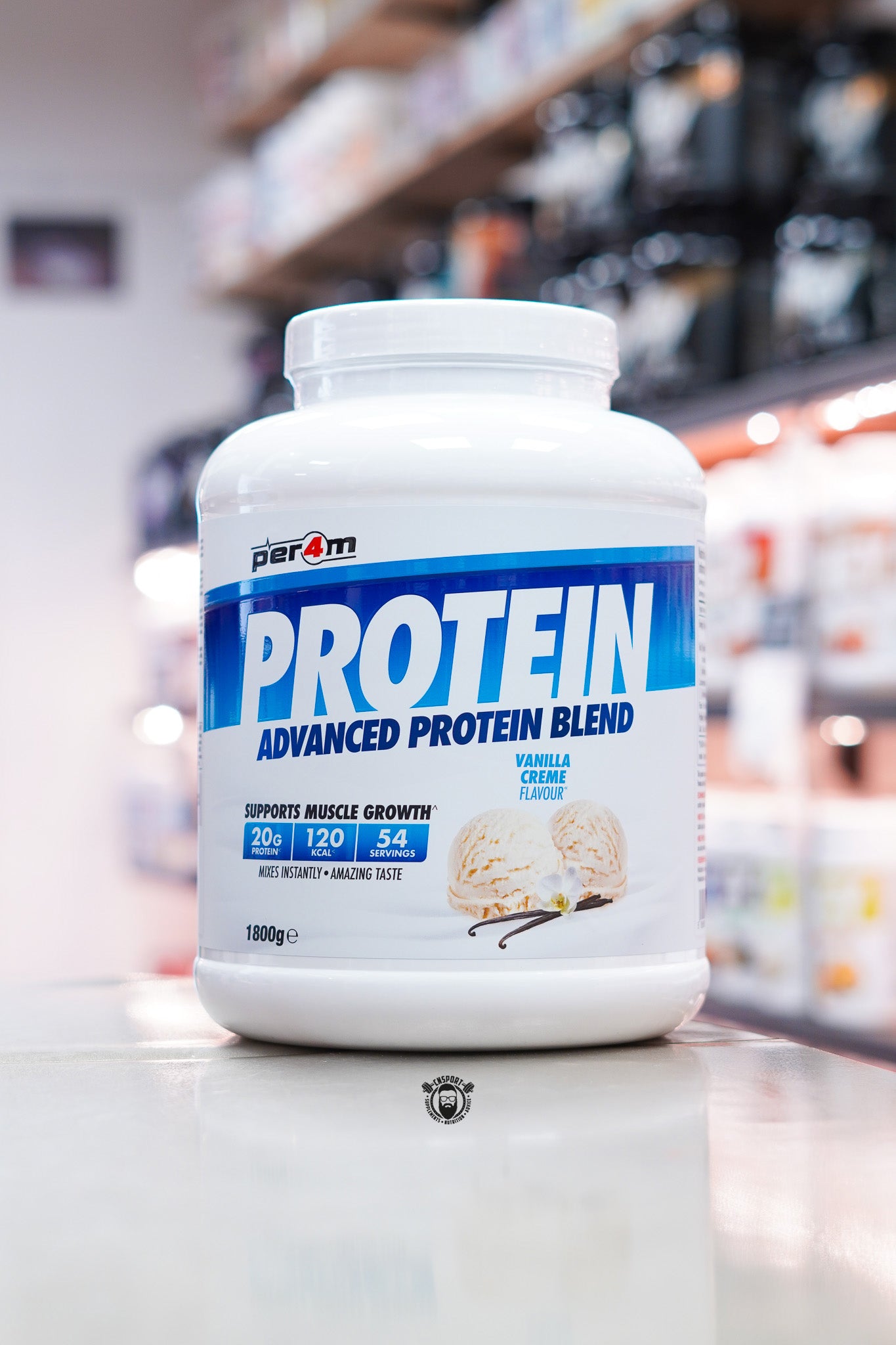 Per4m Protein Advanced Protein Blend 1.8kg Vanilla Creme flavour protein powder tub.