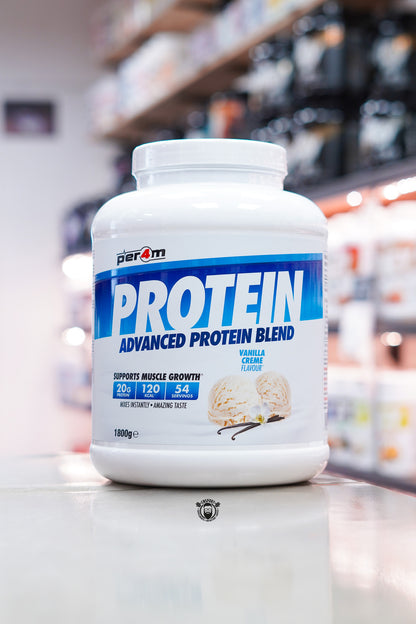 Per4m Protein Advanced Protein Blend 1.8kg Vanilla Creme flavour protein powder tub.