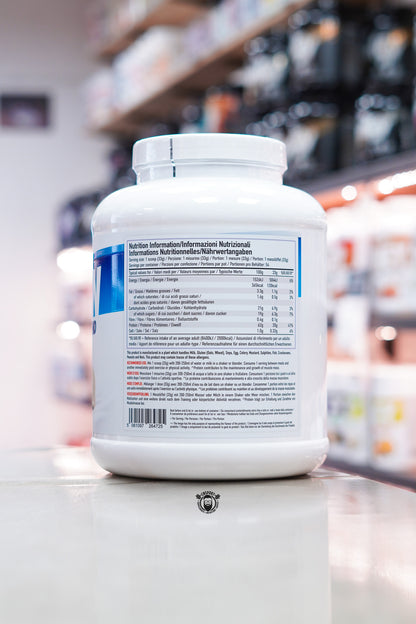 Rear view of Per4m Protein Advanced Protein Blend 1.8kg Vanilla Creme showing nutrition information and serving instructions.