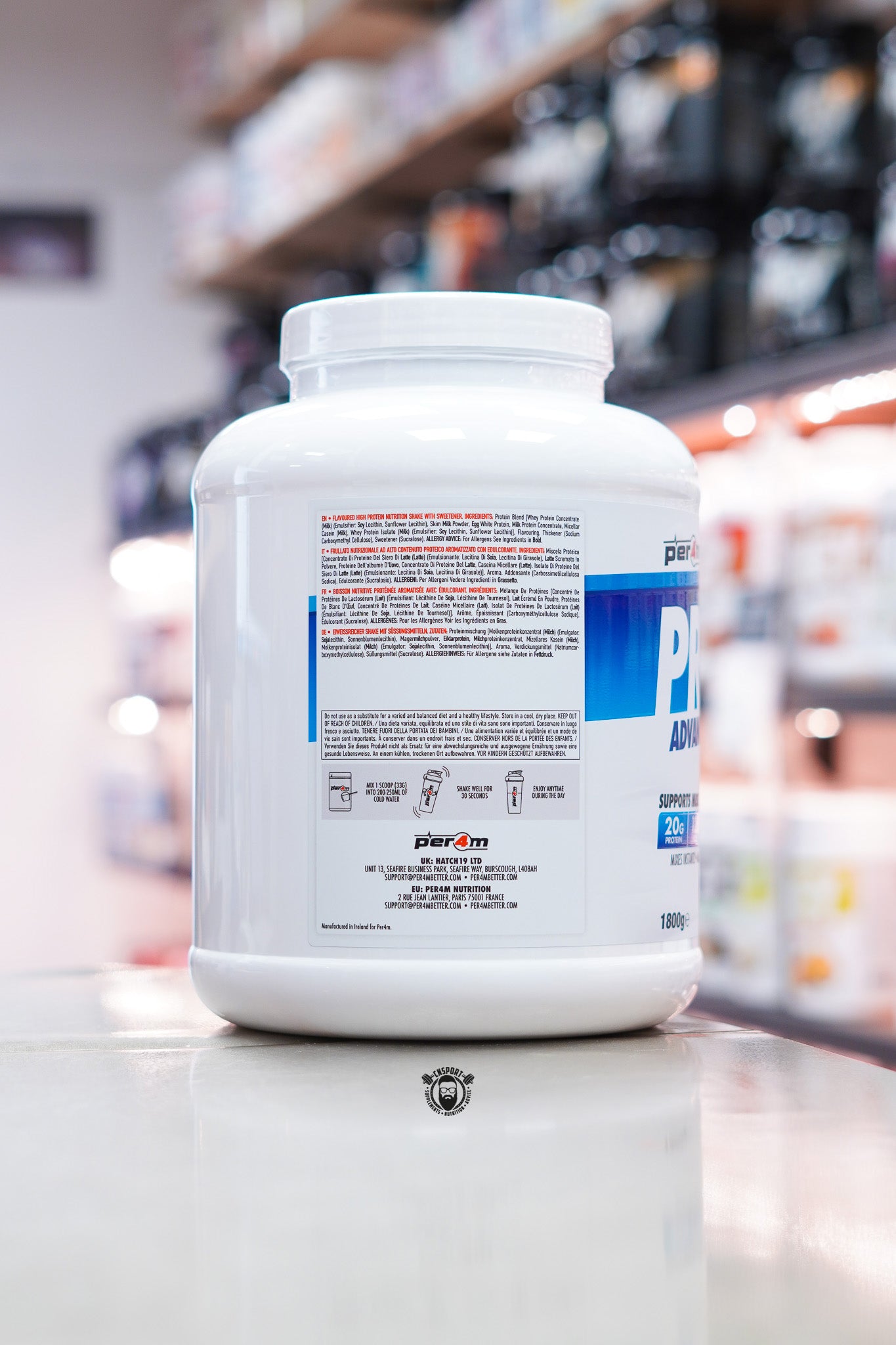 Side view of Per4m Protein Advanced Protein Blend 1.8kg Vanilla Creme showing ingredients, directions and product information.