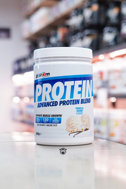 Per4m Protein Advanced Protein Blend 800g in Vanilla Creme flavour, providing 20g protein per serving with no added sugar.