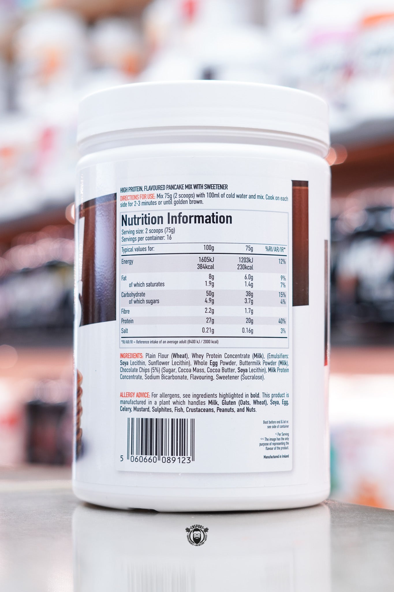 Rear label of Per4m Protein Pancakes Chocolate Chip flavour showing nutritional information, ingredients, and allergen advice.