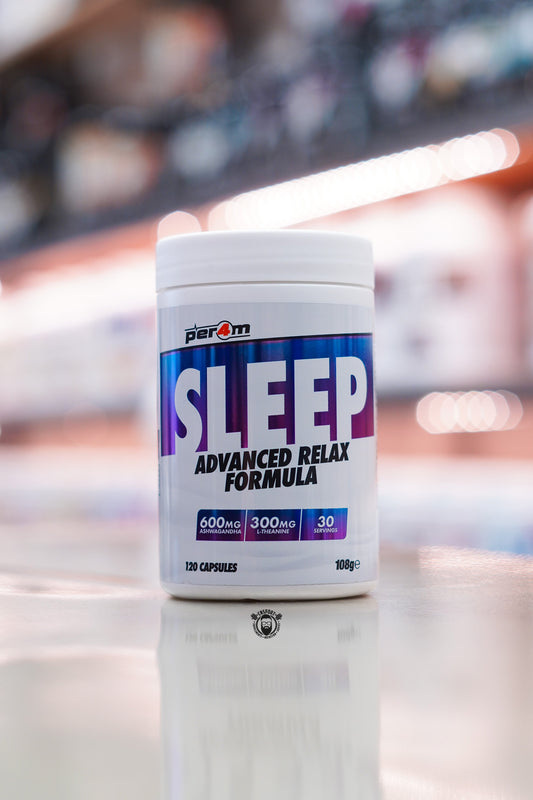 Per4m Sleep Advanced Relax Formula 120 Capsules featuring KSM-66 Ashwagandha, L-Theanine and 30 servings for relaxation and nighttime recovery.