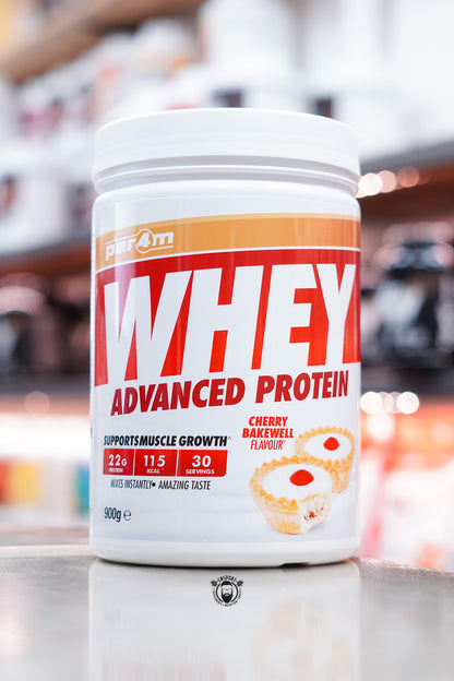 White tub of Per4m Whey Advanced Protein in cherry bakewell flavour, 30 servings, with tart illustration.