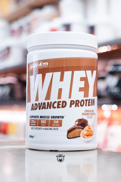 White tub of Per4m Whey Advanced Protein in chocolate peanut butter flavour, 30 servings, with chocolate and peanut butter illustration.