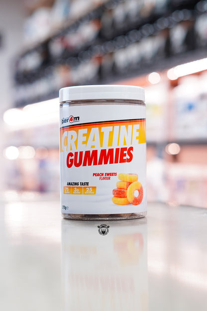 Per4m Creatine Gummies 375g Peach Sweets flavour tub containing 75 gummies, with 3g creatine per serving and 25 servings.