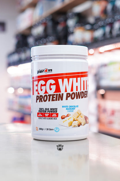Per4m Egg White Protein Powder White Chocolate Hazelnut flavour providing 21g of protein per serving in a 900g tub with 30 servings.