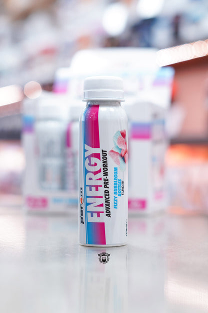 Front view of Per4m Energy Pre-Workout Shot Fizzy Bubblegum Bottles flavour bottle featuring pink and blue label design with candy imagery.