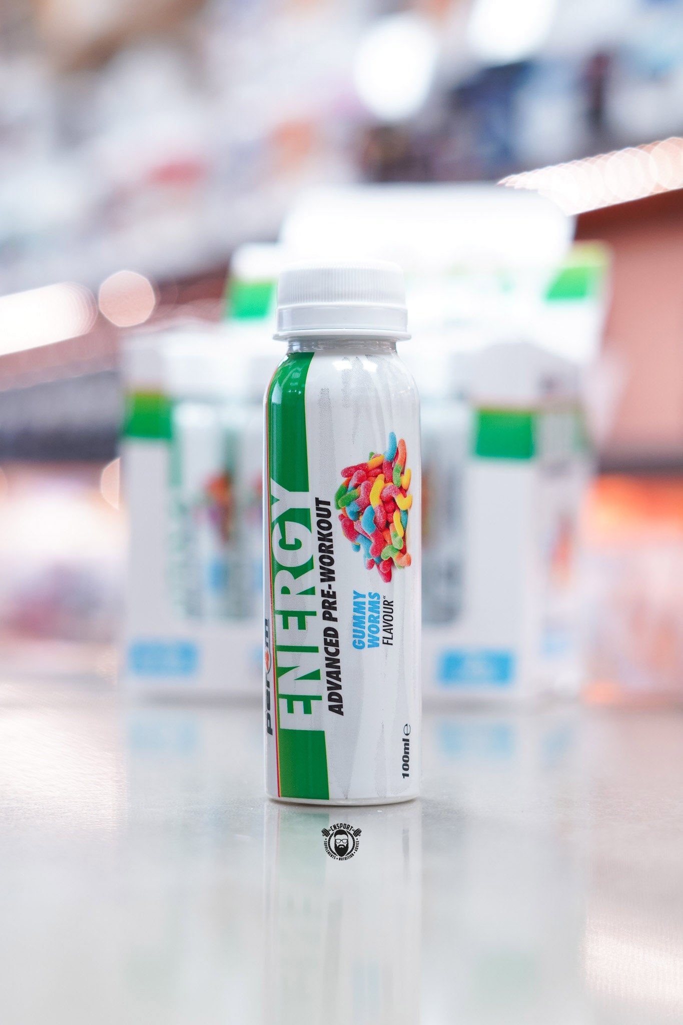 Front-facing photo of Per4m Energy Pre-Workout Shot Gummy Worms flavour bottle showing colourful gummy worm graphics on a white label.