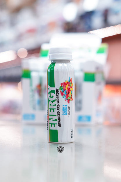 Front-facing photo of Per4m Energy Pre-Workout Shot Gummy Worms flavour bottle showing colourful gummy worm graphics on a white label.