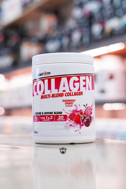 Per4m Multi-Blend Collagen powder, Raspberry Cherry flavour, featuring marine and bovine collagen with 10g collagen per serving, displayed on a supplement store counter.