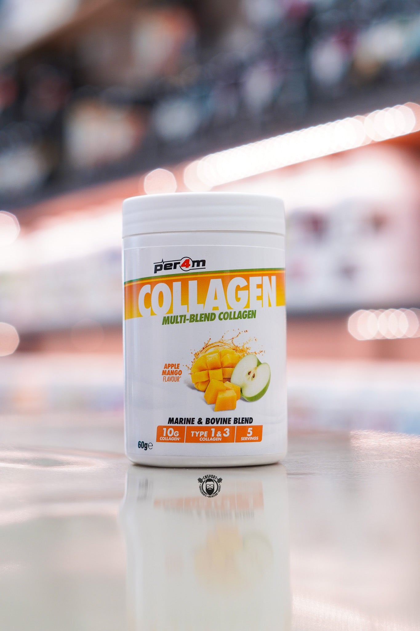 Per4m Multi-Blend Collagen in Apple & Mango flavour, a convenient 5-serving collagen powder combining marine and bovine collagen to deliver 10g of Type I & III collagen per serving with added vitamin C.