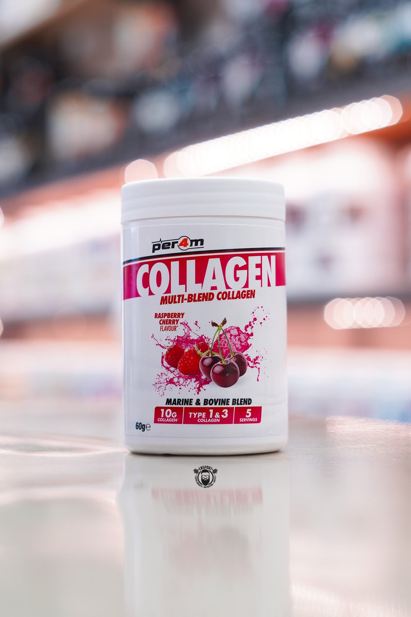Per4m Multi-Blend Collagen in Raspberry & Cherry flavour, providing 10g of marine and bovine Type I & III collagen per serving with added vitamin C in a great-tasting 5-serving collagen supplement.