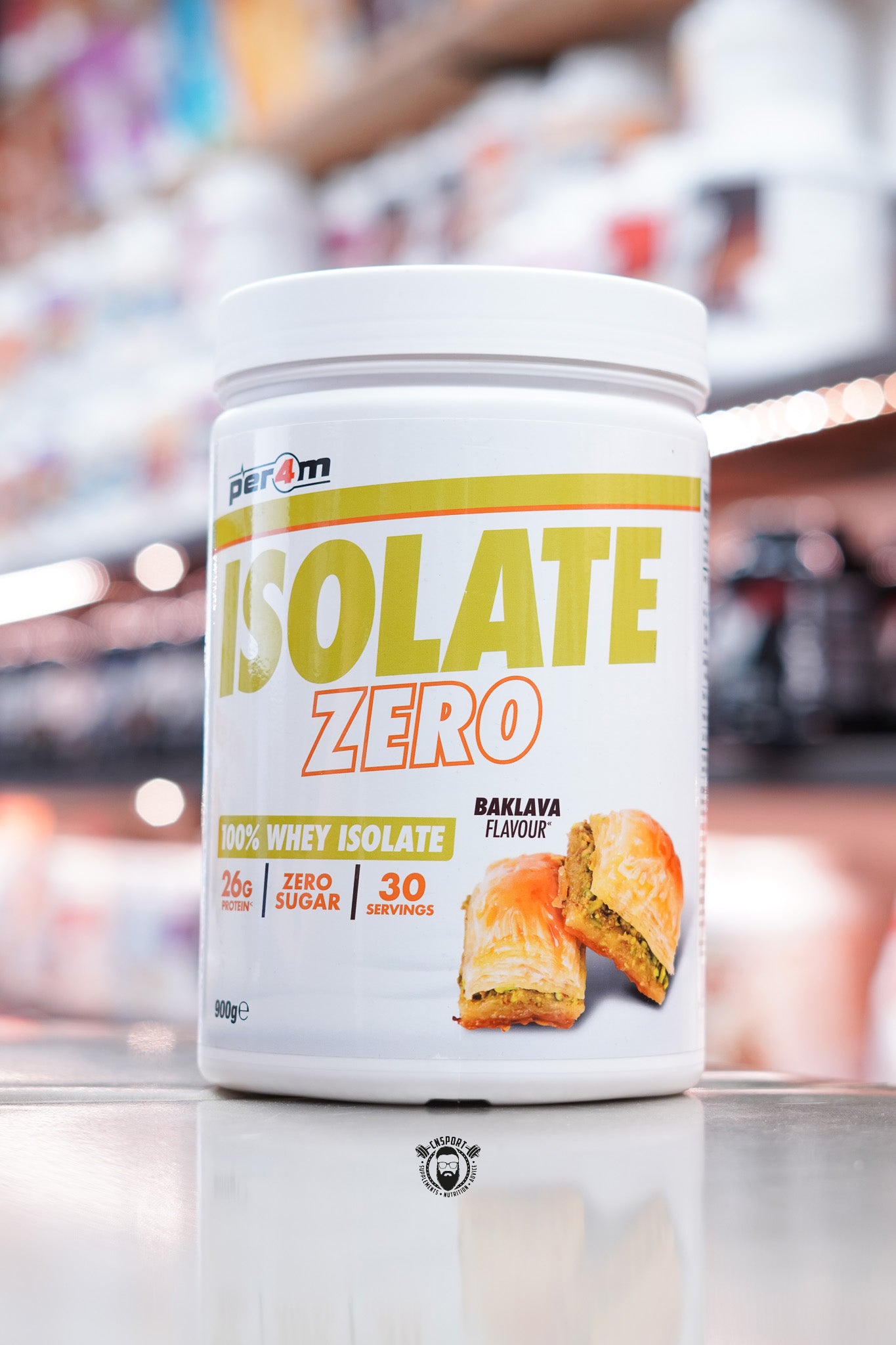 White tub of Per4m Isolate Zero whey isolate in baklava flavour, 30 servings, with baklava illustration.