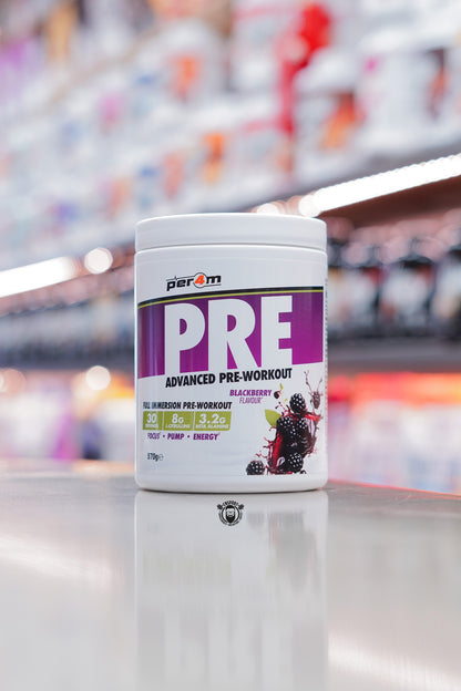 A tub of Per4m Pre advanced pre-workout in Blackberry flavour, formulated to support focus, pump, and energy before training.