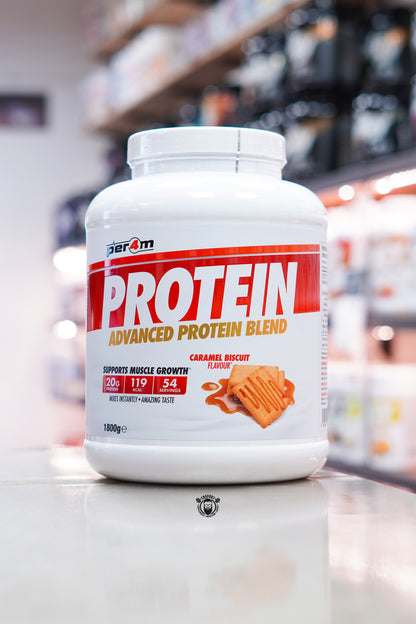 Per4m Protein Advanced Protein Blend 1.8kg Caramel Biscuit flavour protein powder tub.