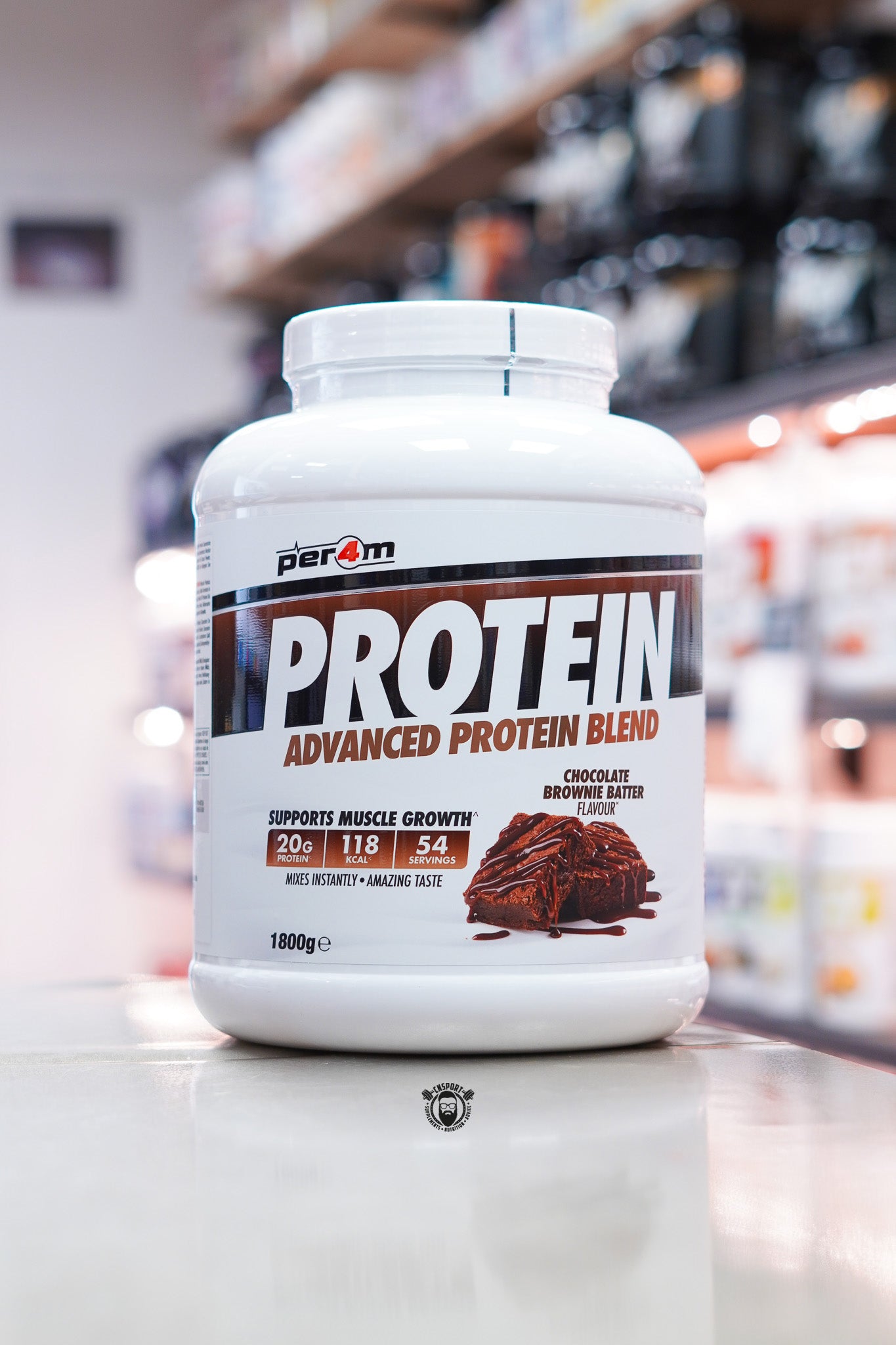 Per4m Protein Advanced Protein Blend 1.8kg Chocolate Brownie Batter flavour protein powder tub.
