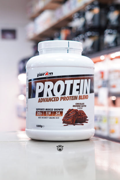 Per4m Protein Advanced Protein Blend 1.8kg Chocolate Brownie Batter flavour protein powder tub.