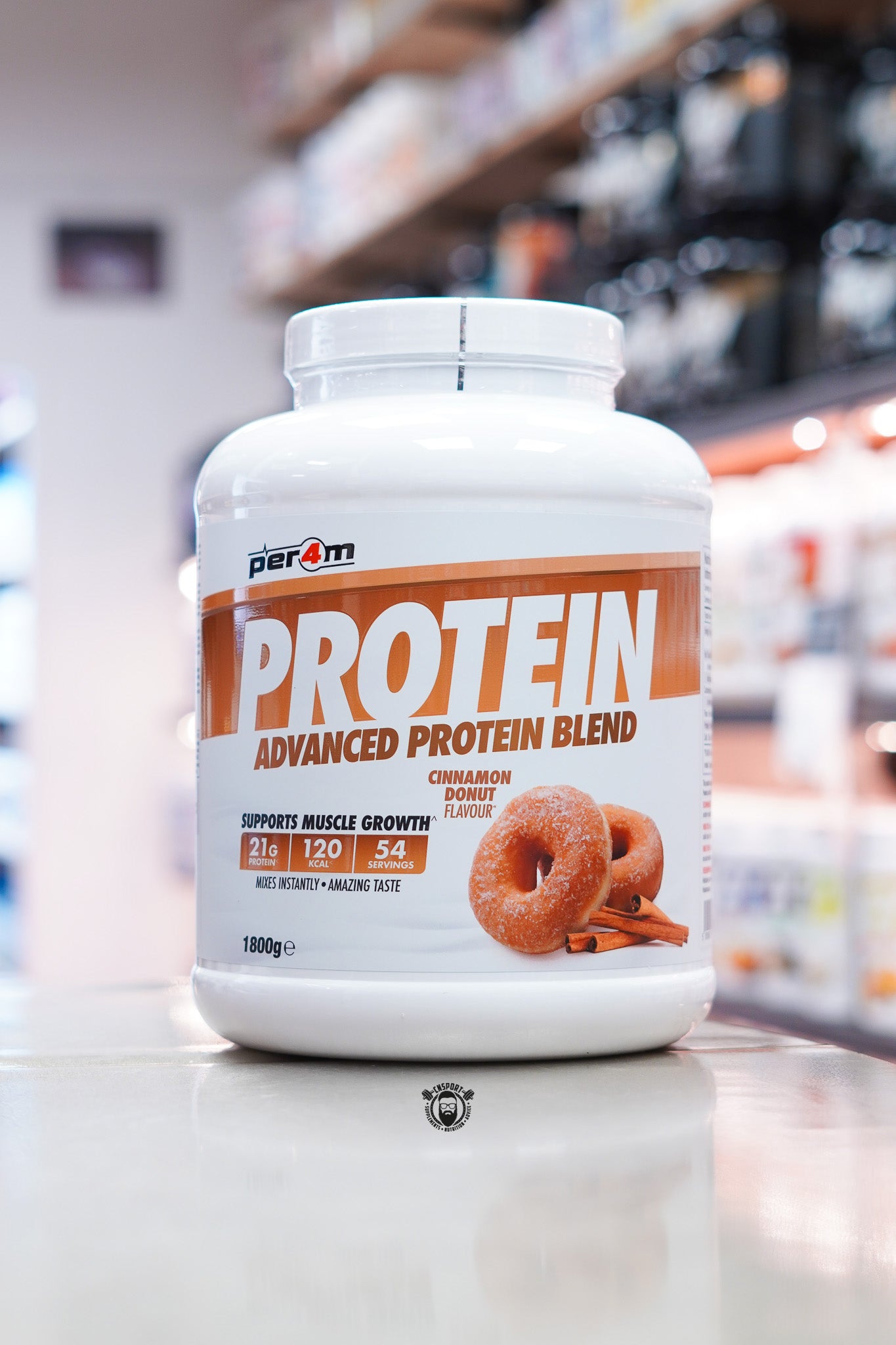 Per4m Protein Advanced Protein Blend 1.8kg Cinnamon Donut flavour protein powder tub.