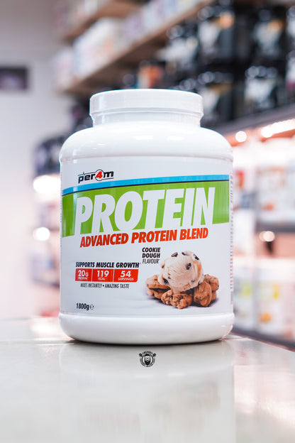 Per4m Protein Advanced Protein Blend 1.8kg Cookie Dough flavour protein powder tub.