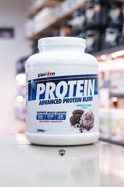 Per4m Protein Advanced Protein Blend 1.8kg Cookie Dough flavour protein powder tub.