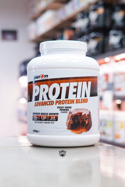 Per4m Protein Advanced Protein Blend 1.8kg Sticky Toffee Pudding flavour protein powder tub.