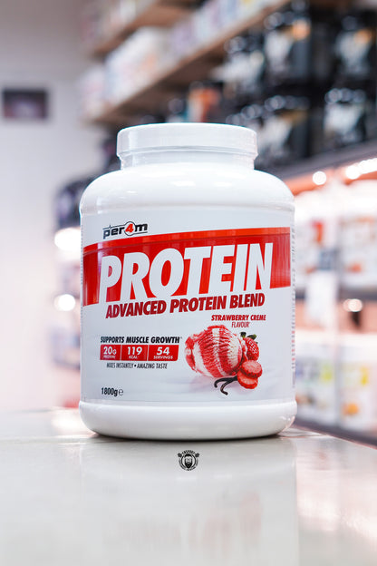 Per4m Protein Advanced Protein Blend 1.8kg Strawberry Creme flavour protein powder tub.