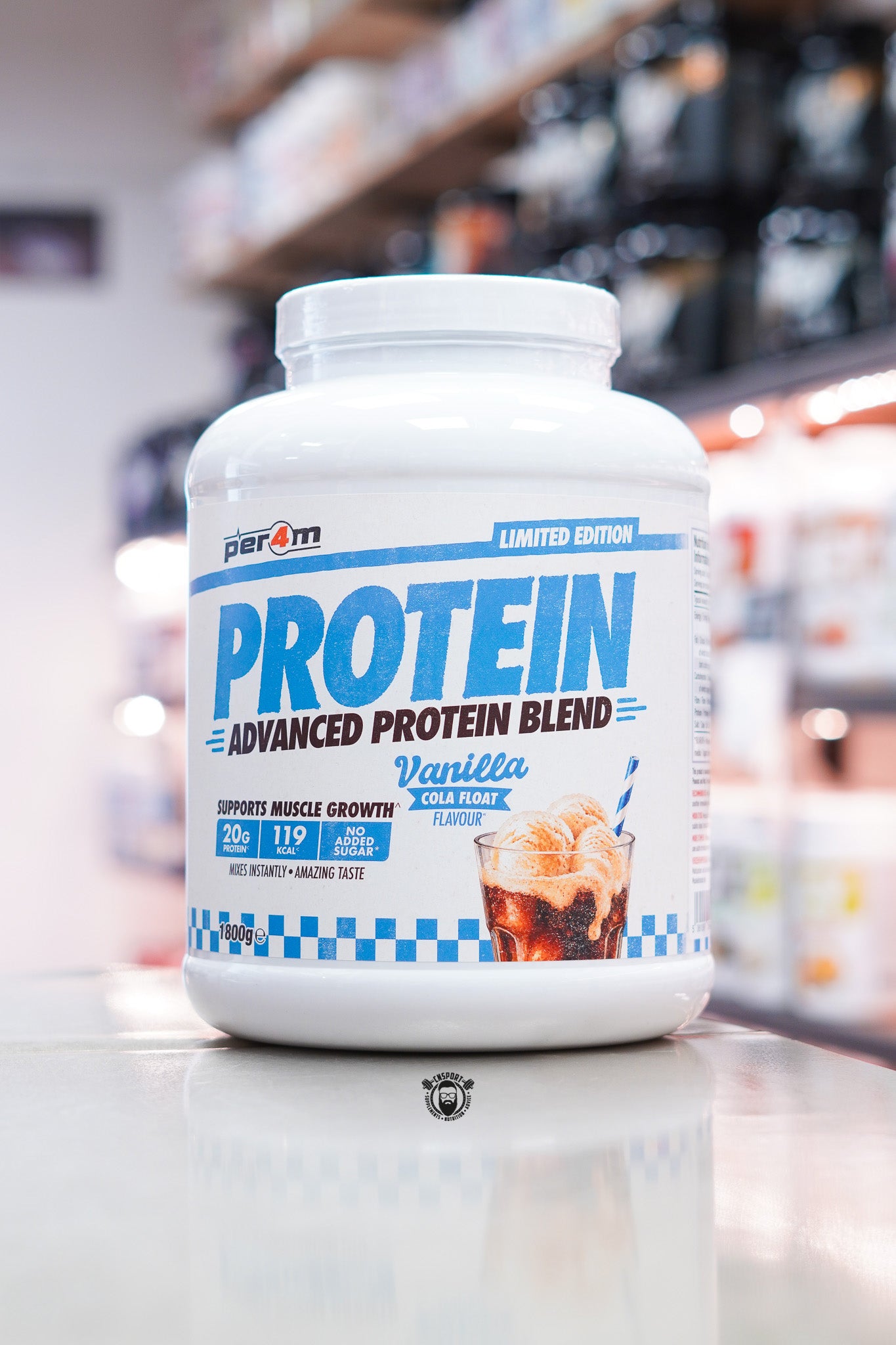 Per4m Protein Advanced Protein Blend 1.8kg Vanilla Cola Float flavour limited edition protein powder tub.