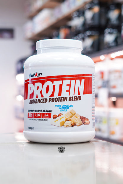 Per4m Protein Advanced Protein Blend 1.8kg White Chocolate Hazelnut flavour protein powder tub.