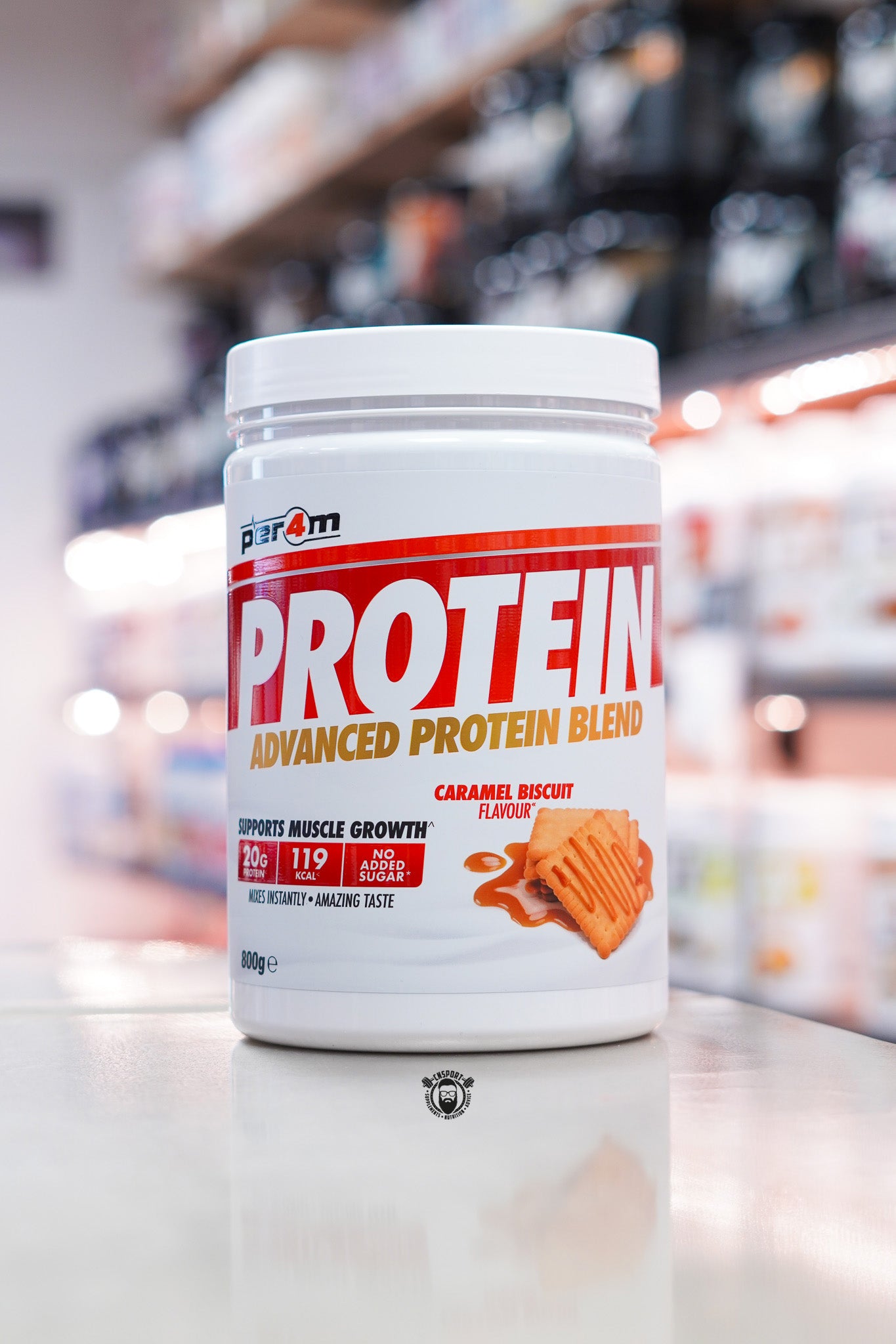 Per4m Protein Advanced Protein Blend 800g in Caramel Biscuit flavour, providing 20g protein per serving with no added sugar.