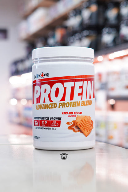 Per4m Protein Advanced Protein Blend 800g in Caramel Biscuit flavour, providing 20g protein per serving with no added sugar.