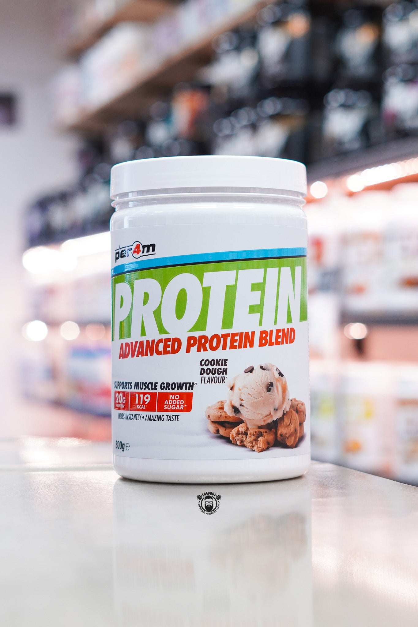 Per4m Protein Advanced Protein Blend 800g in Cookie Dough flavour, providing 20g protein per serving with no added sugar.