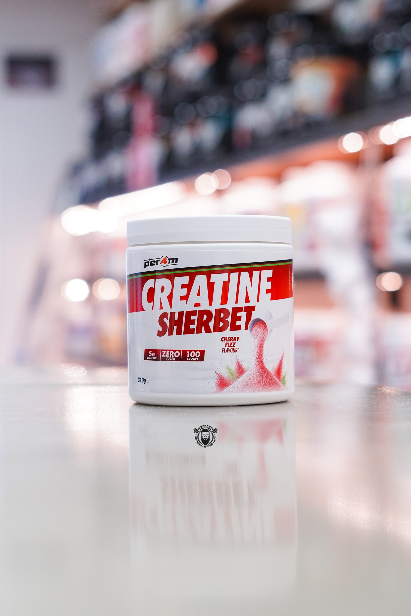 Per4m Creatine Sherbet Cherry Fizz Flavour with 5g of creatine monohydrate per serving, zero sugar and 100 servings for convenient daily creatine supplementation.