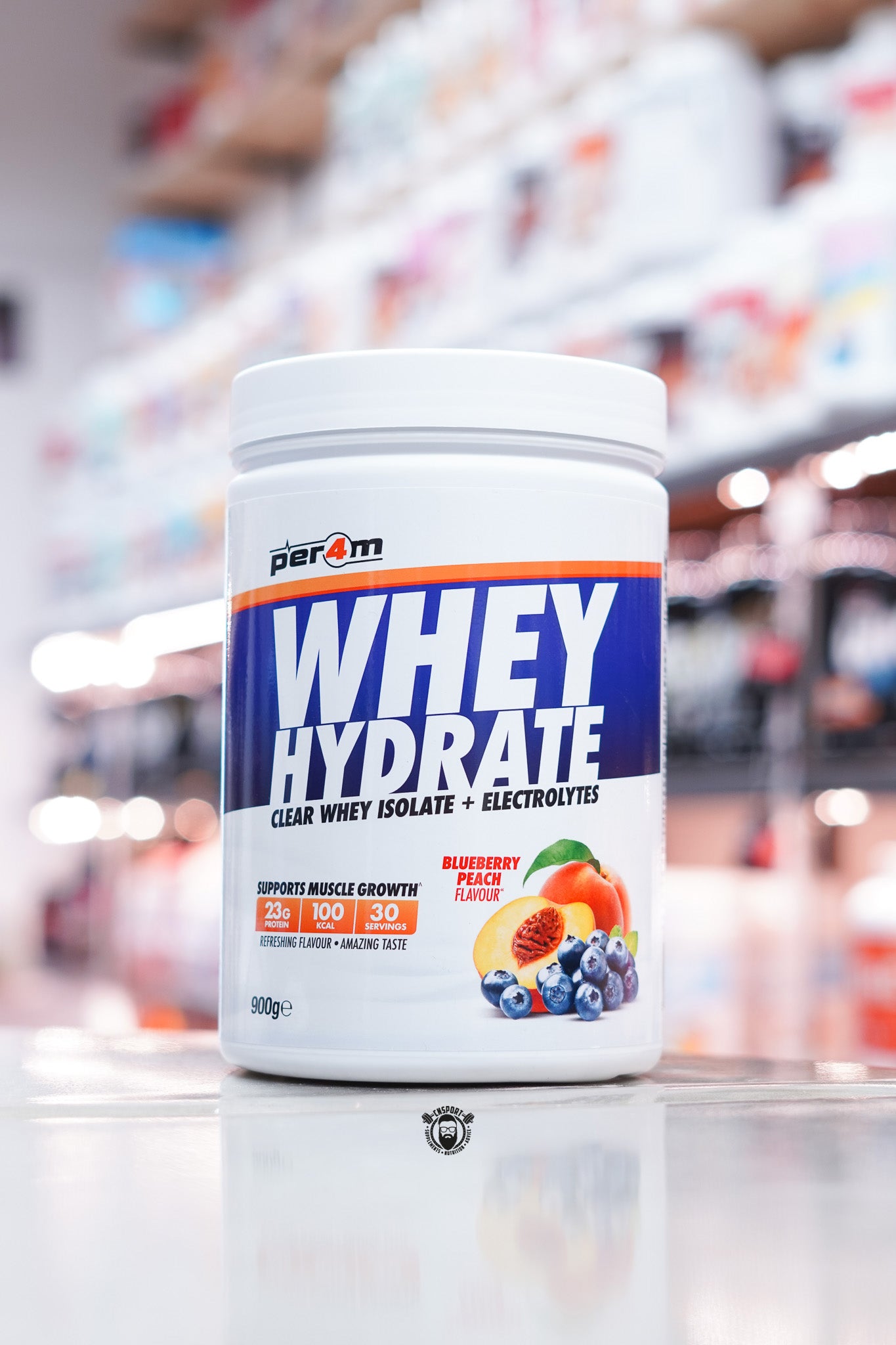 Per4m Whey Hydrate Clear Whey Isolate tub with Blueberry Peach label design